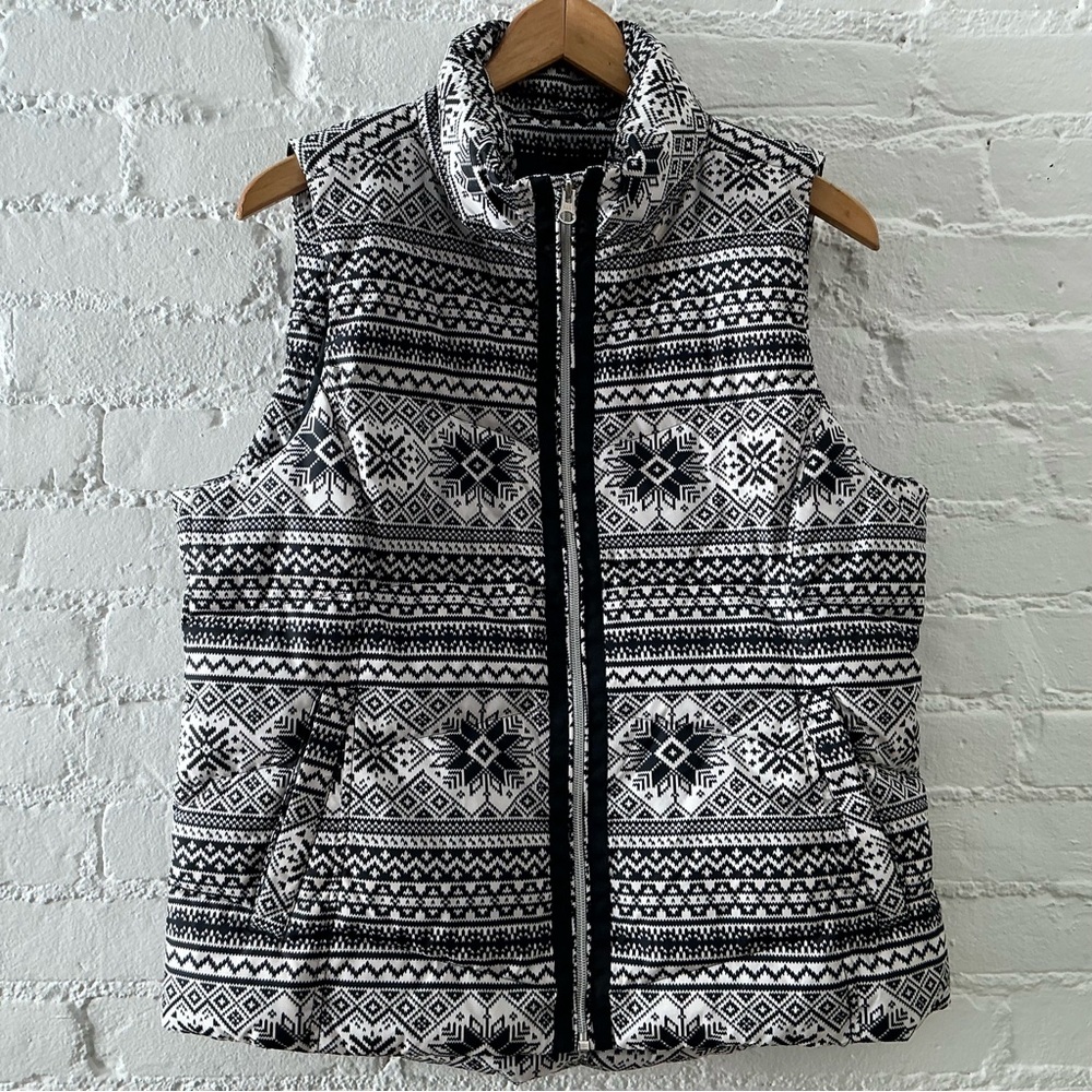 Lands' End Fair Isle Print Down Puffer Vest Full Zip Black White Winter Layer M